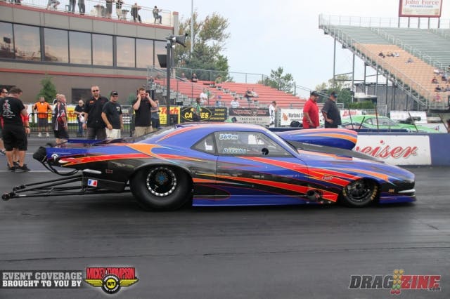 In round two of Pro Line Racing Outlaw Pro Mod. which didn’t start until 1 a.m. because of several rain delays, Bruce Boland’s 5.98 was good for the win over Keith Jackson’s 6.39; John Decerbo ran 6.11 while Derek Hawker’s car laid fluid on the track. As the clean-up was underway, the rain came and ended the race.
