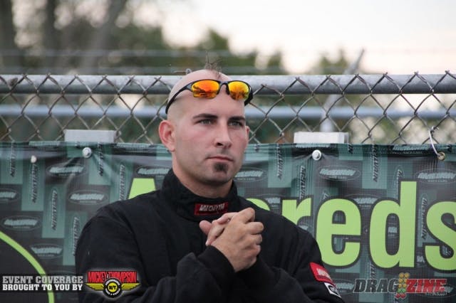 In round two of VP Racing Fuels Outlaw Limited Street, Kyle Ehorn’s 4.75 was good for the win over Mark Woodruff’s 5.29 and with a 4.98, Sal Patel cruised to the win over Frank Mewshaw, whose parachute popped out during his burnout and was quickly grabbed by a crew member. J.R. Gibson (pictured above) went 4.60 on a single when Paul Major couldn’t make the call and Gustavo Turall’s 4.51 earned him the win over Ruben Tetsoshvia.