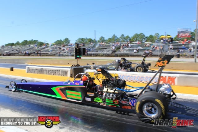 Melissa Hutson sat out two rounds of qualifying yesterday and was eighth qualifier in Open Outlaw where she met with Mark McElwee for the first pair out. Her .016 reaction earned her the win, her 3.803 to McElwee’s quicker 3.750.