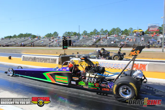 Melissa Hutson sat out two rounds of qualifying yesterday and was eighth qualifier in Open Outlaw where she met with Mark McElwee for the first pair out. Her .016 reaction earned her the win, her 3.803 to McElwee’s quicker 3.750.