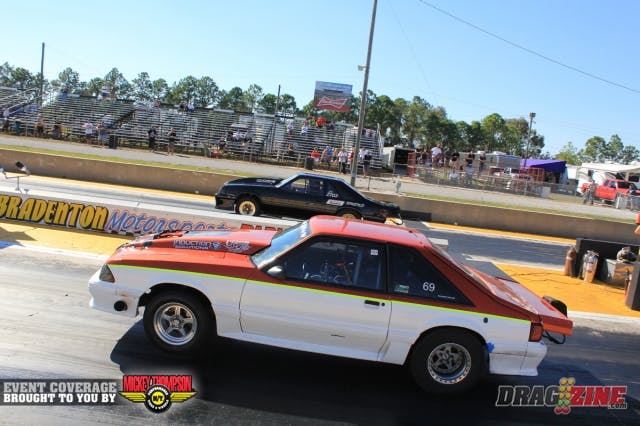 Ultra Street saw one and two in the final with local rivals Justin Swanstrom (near lane) meeting with Walter Drakeford. They were battling all weekend with Drakeford settinglow ET in his round two win over Jams Binns' s-10 Chevy with a 5.102. In the semi's they both ran identical 5.109's with Swanstrom getting lane choice by MPH. Walt went red by just .007 in the final as they both ran it out the back for bragging rights. Swanstrom would come away with the win in "Hand me Down" though Team Fat Boy Racing has some work to do as it burnt up on the pass.