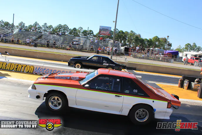 Ultra Street saw one and two in the final with local rivals Justin Swanstrom (near lane) meeting with Walter Drakeford. They were battling all weekend with Drakeford settinglow ET in his round two win over Jams Binns' s-10 Chevy with a 5.102. In the semi's they both ran identical 5.109's with Swanstrom getting lane choice by MPH. Walt went red by just .007 in the final as they both ran it out the back for bragging rights. Swanstrom would come away with the win in "Hand me Down" though Team Fat Boy Racing has some work to do as it burnt up on the pass.