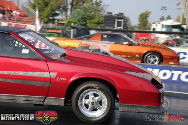 In the first round of eliminations for VP Racing Fuels Outlaw Limited Street, J.R. Gibson ran 4.50 to advance over Brent Foster’s 4.65 and Paul Major ran 4.42 to advance over Dale Arbogast’s 5.28. The margin of victory for Kyle Ehorn’s 4.73 win over Ray Royer, Jr.’s 4.74 was .0249. Gustavo Turall drove to a 4.86 and the win over Dave Hinzman, who shook the tires at the hit. 