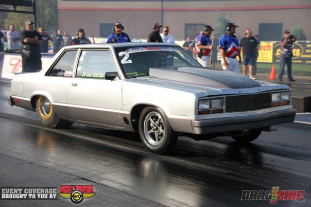 Also in the first round of eliminations for VP Racing Fuels Outlaw Limited Street, Ruben Tetsoshvia won with a holeshot and a 4.56 over Randy Darocy, whose car yanked the front tires several times after launching and ran 5.19. Sal Patel’s 4.74 was good for the win over Thomas Jones, who had been thrashing to make repairs after he broke a rocker and ran an off-pace 7.55. Mark Woodruff went into a wheelstand and managed to settle the car before going through the traps at 4.69, while Charlie Frantz leaked fluid and got the car stopped. Number one qualifier Frank Mewshaw kept his momentum and blasted to a 4.54 to advance on Brian Keller’s 6.58.