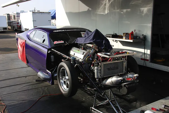 All is quiet now in Joe Lepone's pit, but the team worked straight through the night until 8 this morning rebuilding the engine to repair the cylinders lost in his 5.99 moonshot in Q3 last night.