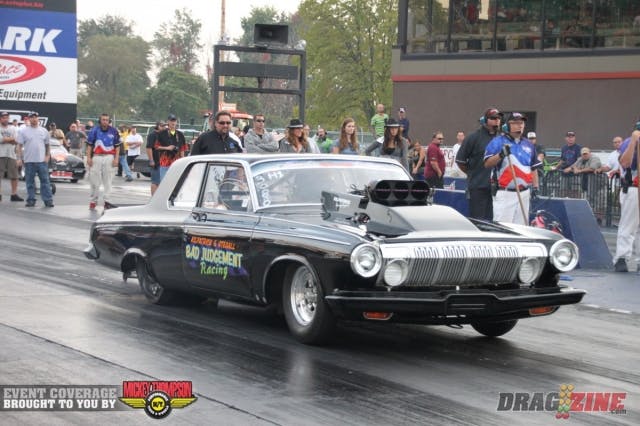 Jim Kilpatrick had a handful of steering wheel in the final round of Heavy Street qualifying, as the rear of his ’63 Polara moved left to right a couple times before settling back into the groove. After saving it, he found himself in the eighth qualified spot going into tonight’s eliminations.