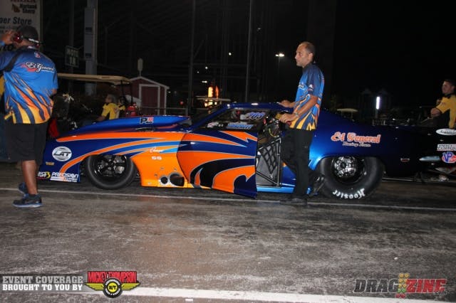 Jose Gonzalez pedaled his ’69 Camaro to a 5.92 at 241 mph for the third qualified spot in Pro Line Racing Outlaw Pro Mod and stayed super-consistent with a 5.91 and a win over Michael Biehle in the first round of eliminations. Gonzalez was moments away from firing his car for the second round of eliminations – at 1:30 a.m. - when there was a four-foot-wide oil down, followed by rain.  The cars that were in the lanes were sent back to the pit area and Bill Bader, Jr. has just announced that racing will resume at 9 a.m. Sunday, weather-permitting. 