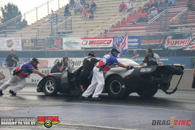 Just after his burnout in the first round of qualifying for VP Race Fuels Outlaw Limited Street/Drag Radial, a band broke in Paul Major’s transmission, and he had to be backed off.