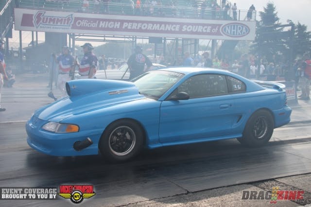 Scott Carter went into a wheelstand in the first round of Wiseco X275 eliminations, and when his Mustang returned to the ground, the radiator made contact and broke. Meanwhile, Ronnie “The Modfather” Diaz cruised on by for the win with a 4.93.