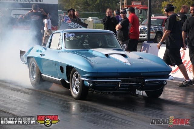 Mark Woodruff lit the track - and the board - with a 4.47 at 175 mph in yesterday’s first round of VP Racing Fuels Outlaw Limited Street/Drag Radial qualifying, which was good for the second spot. He improved on that in today’s second round of qualifying with a 4.42 at 179 mph, which kept him the second qualified spot, under Frank Mewshaw, who posted a 4.40 at 179 mph. His Corvette boasts a Semi-Hemi headed 522 cubic-inch Sonny Leonard engine and twin 88mm Garrett turbos.