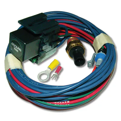 A proper fan relay kit like this one will turn the fan on and off at pre-determined values and will offer you a measure of protection when using an electric cooling fan. High-draw components like fans and fuel pumps should always be run through a relay.