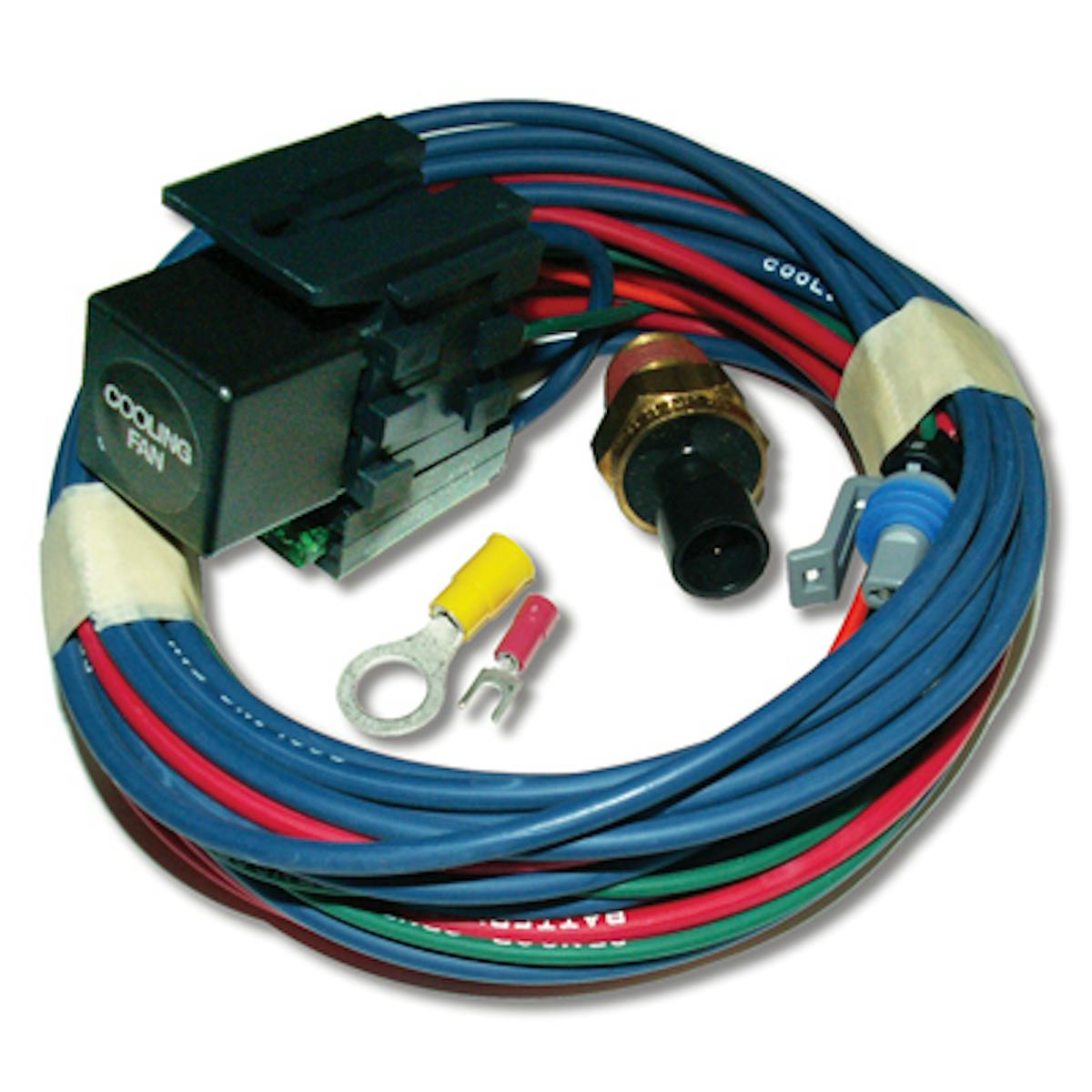 A proper fan relay kit like this one will turn the fan on and off at pre-determined values and will offer you a measure of protection when using an electric cooling fan. High-draw components like fans and fuel pumps should always be run through a relay.