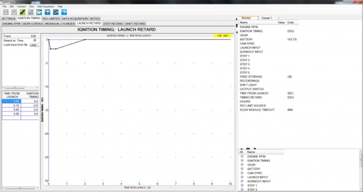 Here's an example of how we're using the Launch Retard function through MSD's View software. We're pulling out 2 degrees of ignition timing within .1-second, and ramping it back in starting at .4-second so that it's all back into the program by 2 seconds into the run. This helps to kill a tiny bit of power at the hit to ensure the tires hook up.
