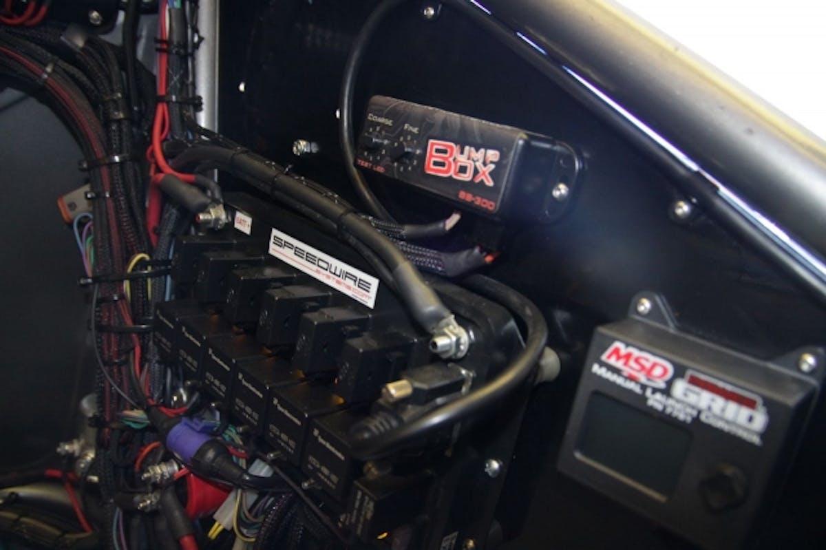 You can see here just how small the Bump Box truly is, neatly tucked away in the El General twin-turbo Pro Modified owned by Joe Gonzalez and driven by Eric Dillard.