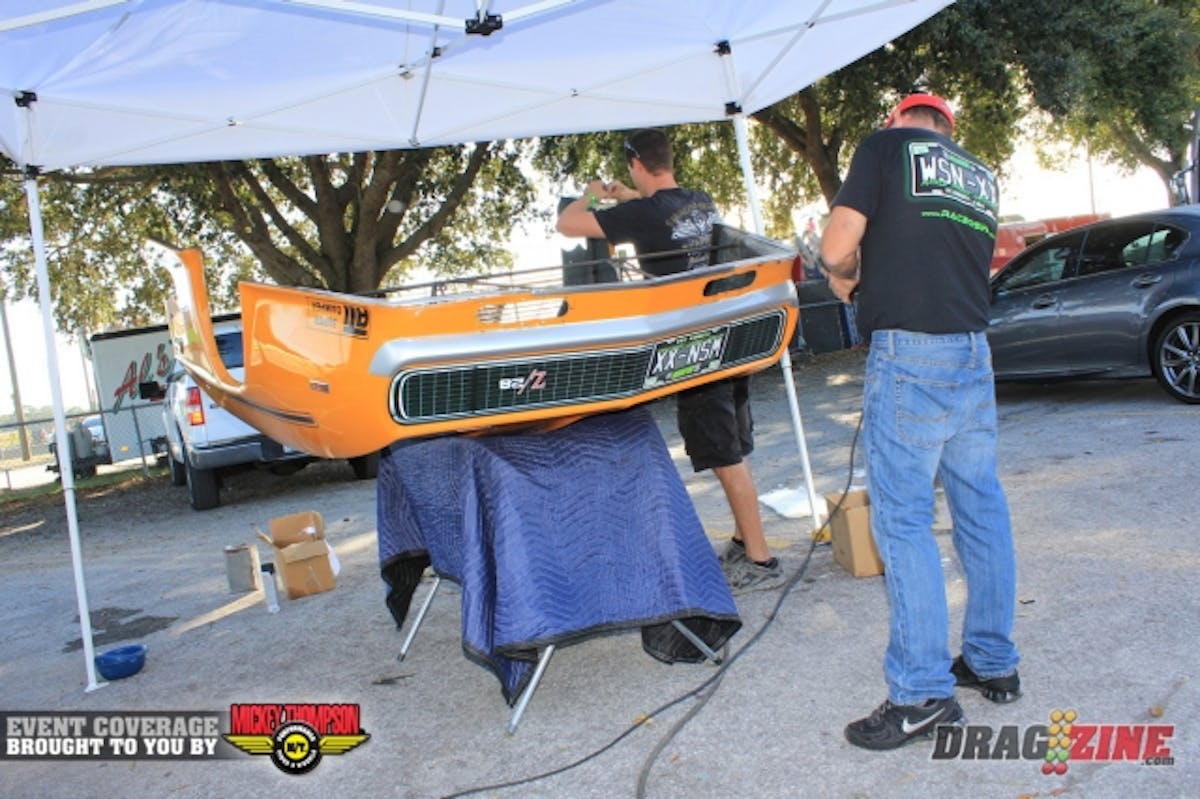 Jeff Lutz got loose on a run last night and the nose of the Camaro got a little scraped up in process of getting the car safely  corrected. The team replaced the bottom support on the edge this morning.