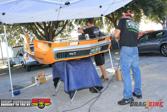 Jeff Lutz got loose on a run last night and the nose of the Camaro got a little scraped up in process of getting the car safely  corrected. The team replaced the bottom support on the edge this morning.