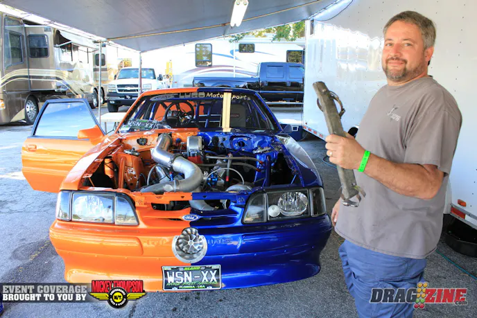 Dennis Lugo was having issues keeping the front tires on the ground in qualifying so he is bolting thirty five pounds on the nose.