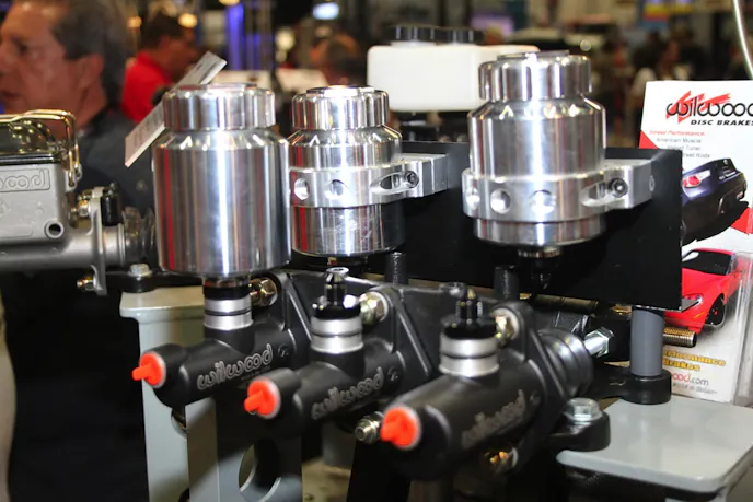 Another new product on display were these billet aluminum master cylinder reservoirs. They feature a 4-ounce capacity and they can be directly mounted to Wilwood's compact remote master cylinder body, or remote-mounted using Wilwood's billet bracket and stainless steel flexline.