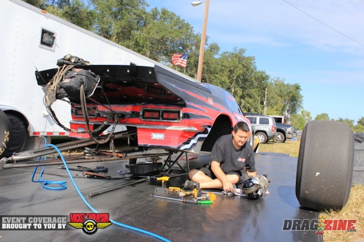 Jimmy Marino has been driving Craig Kiernan’s Pro Modified first gen Camaro for a while now in various eighth mile events. When I dropped by this morning Jimmy was swapping out the center section for this weekend’s quarter mile event. The Camaro runs a Nelson Competition big Chevy on Nitrous.