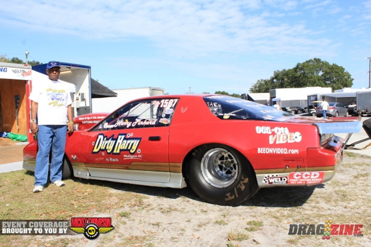Harry Pinkard owns this Pontiac Firbird normally run in IHRA Hot Rod but is competing in 10.0  Index this weekend. This is the first time for index classes at the Orlando World Street Nationals which is featuring 8.50 and 10.0 Index. Originally from Washington DC Harry now resides in Daytona Beach, Florida and supports the Minority Organ Tissue Transplant Education Program. He donated a kidney to his daughter several years ago, saving her life. The mild 454 Chevy was built by Outback in New Smyrna Beach, Florida. 