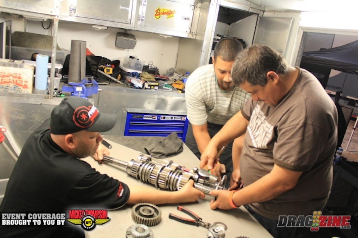 Edwin Burgos broke a slider in the transmission on his last run with the RX-8. He sits eleventh in Super Pro Street with a 6.74 at 209. They were just getting the the gear shafts back together when I stopped by and should be good to go in the morning for round three of qualifying.