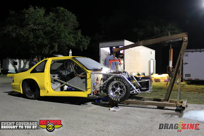 Chris Bennett had a bearing issue in the engine so the team set to work swapping to a backup engine. Car owners Brenton and Ian were part of the effort in the swap. They will make a decision on which class to run in the morning after preparing the car.