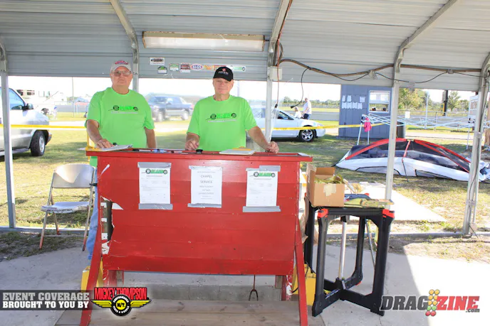 From left to right, Paul Oneil and John Becker run tech and the scales here at Orlando. Paul was a racer here since the track opened back in 1966 when Carl Weisinger 
