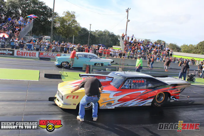 Jimmy Marino (near lane) has been struggling with getting tire speed this weekend and at previous events. He is qualified eleventh with a 6.67 at 207 despite the issues. The car is going to Hank Hill's Hooked up and Gone Race Cars after the race to get checked out and set up. Gary Langner is qualified with a 7.04 in fifteenth.