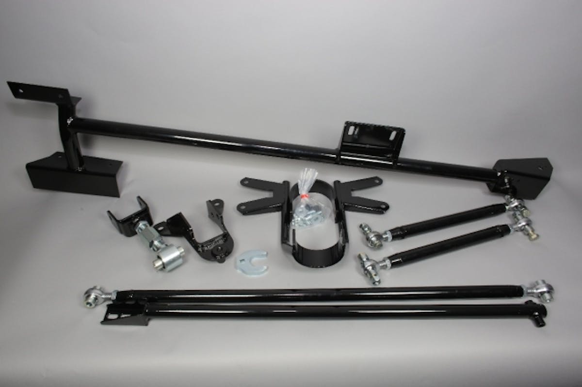 Our package from Competition Engineering included a new set of adjustable lowr control arms, a new upper control arm module (including mount), an adjustable Panhard bar, Panhard bar brace, subframe connectors, and driveshaft loop.