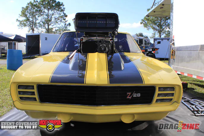 Robert Abbott is running his 69 Camaro in Pro Mod this weekend with a new Hemi from Todd Tutterow set between the rails. His first run today netted a run in the low 4.0 range in a side by side run with Mike Stavrinos. 