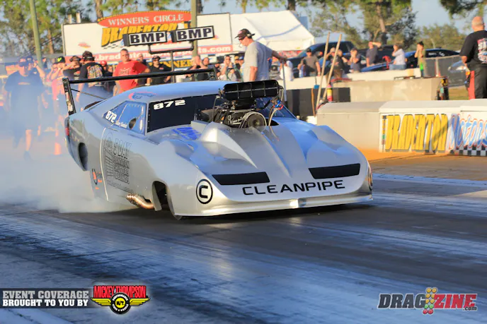 Friday kicks off the Snowbird Nationals with a day of testing. Here Adam Flamholc heats the tires before his first pass since a terrible crash earlier this year at St Louis' NHRA AAA Insurance Nationals. The Camaro was destroyed int he crash and this is the replacement. Certainly a fine choice. He clicked it early on this run after a very nice 60' then getting some tire shake.