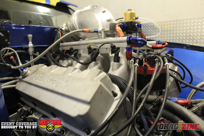 I caught up with Mike Freeman to get the scoop on his new combination. He has a 430 cubic inch engine from HED topped with Edelbrock SC-1 Glidden heads set up by BES. Jason Gatlin from AFT is doing the engine tuning, trans and converter. The boost is provided by an F1-R Procharger.