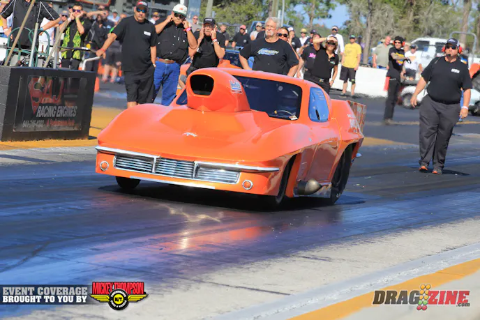 ODRC runner up Jimmy Keen leads the Outlaw Pro Mod field with a 3.936 at 192 MPH with his 1963 Corvette based out of Parish, Florida.