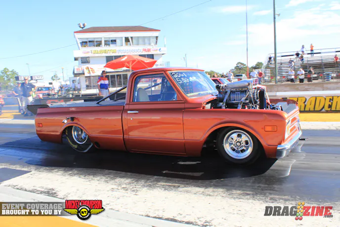 Austin Stephens brought out this blown 68 Chevy PU built by NBC Race Cars in Pinellas Park, Florida. He jumped the beam and fouled out but tthis is the first race for the truck.