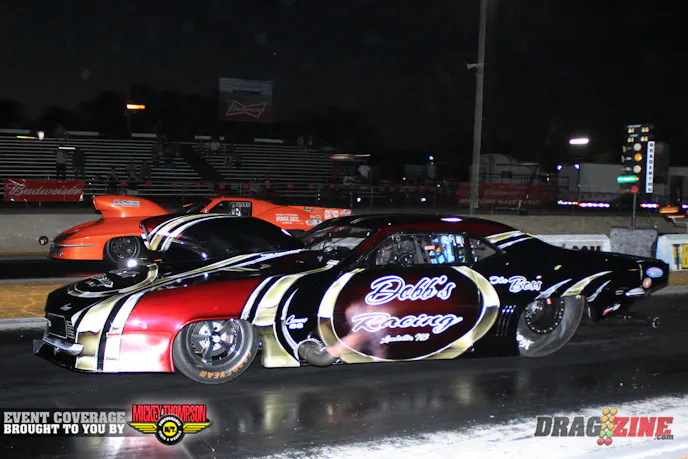 Jimmy Keen (far lane) took the win over Travis Harvey in the semi final of Pro Mod after Harvey was forced to shut it down early. Keen will have lane choice over Ricky Smith in the final.