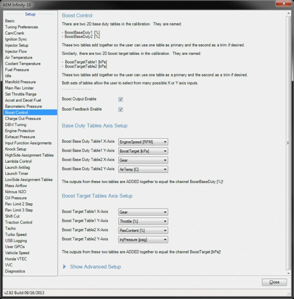 The X and Y axes for all four tables are user-selectable in the InfinityTuner software. The setup wizard explains each function, and if the user has questions, AEM has a forum for answers on their website.
