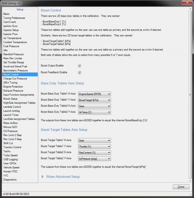 The X and Y axes for all four tables are user-selectable in the InfinityTuner software. The setup wizard explains each function, and if the user has questions, AEM has a forum for answers on their website.