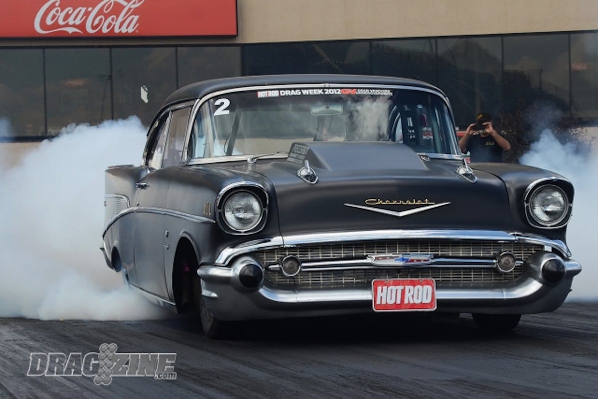 Jeff Lutz and his familiar '57 Chevrolet, a perennial frontrunner at Drag Week year in and year out.