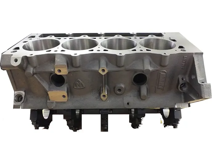 Compare this shot of Dart’s LS Next to the other blocks shown in this story and you can see non-skirted design of the block. Moroso has also made up pan rail spacers that allows a stock LS oil pan to fit, with a modified pickup bracket due to the revised main stud location.