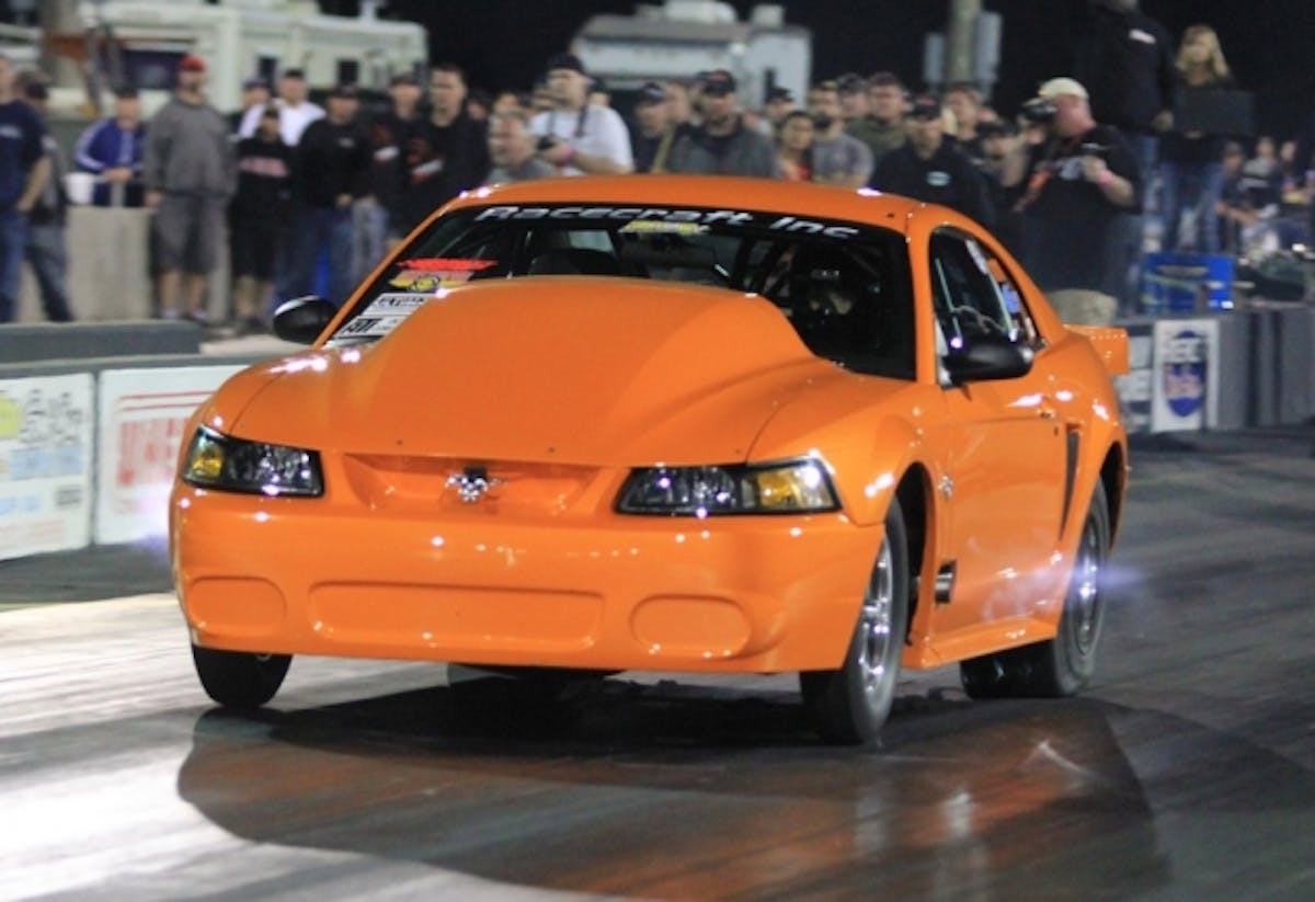 Dean Marinis runs a Neal Chance converter in his nitrous-fed Mustang that currently holds the X275 class elapsed time record at 4.52. Sixty-foot times in the 1.07-1.09 range show the team has their package figured out.