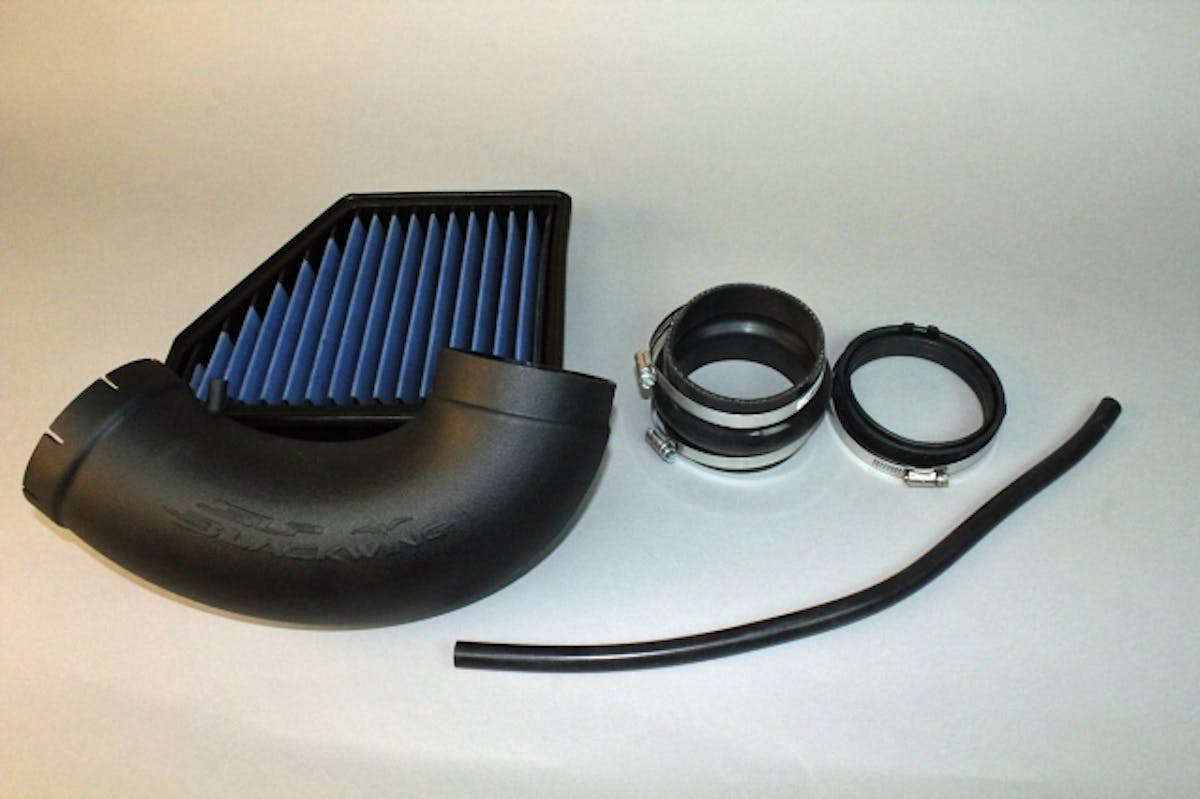 SLP's Blackwing cold-air kit includes a new high-flow filter and larger polypropylene intake tube.