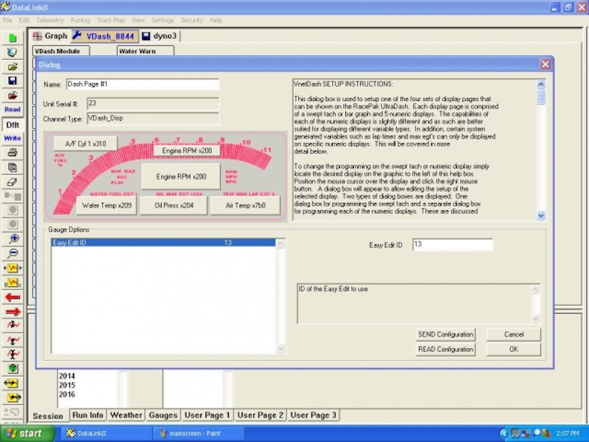 Within the DataLink software you can customize the layout of the on-screen display of the dash, in terms of which sensors appears on which pages, where they're located on the display, and their displayed value ranges.