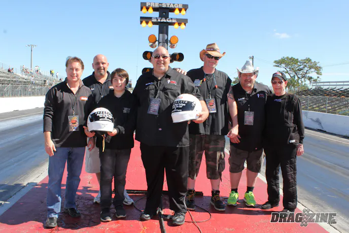 We took some photos on the track with Joe Miller and some of the Street Outlaws crew. From left to right; Patrick Utt owner of Racequip, racequip employee, Joey Miller, Joe Miller, Bret Wagner, Rockin' Rob Cherkas and Willard Kinzer.