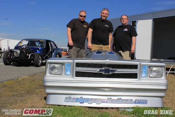 Mike Hupp used to run Heavy Street, OSCA and in OhioValley and now is taking a shot at PTC Radial vs. the World here at Lights Out V. He took a year and a half off to update the car and recently started racing Jr. Dragsters with his son. Andy Smith at Pro Tree Race Cars partnered with Hupp to go racing this year. Steve Schmidt built the engine which is backed by a Rossler trans and converter from M&M transmissions and boosted by a F3R 135 Procharger. The crew from left to right: Joe Linsey, Mike Hupp and Bob Cantrell.