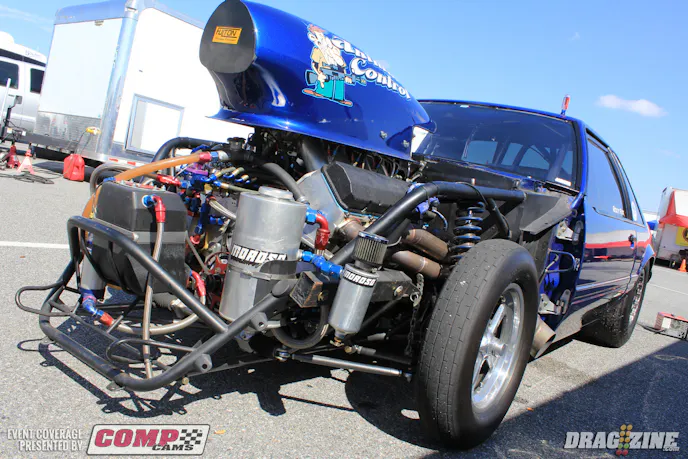 Ricky Fox is sporting a new combo this weekend with a 5.2 bore space 894 cubic inch big Chevy on five guns. He has a prototype converter from Pro Torque and a Rossler transmission in the car and is looking to take back the stock suspension radial record. Crew this week is Lil Pick, Clyde and Ricky Fox. 