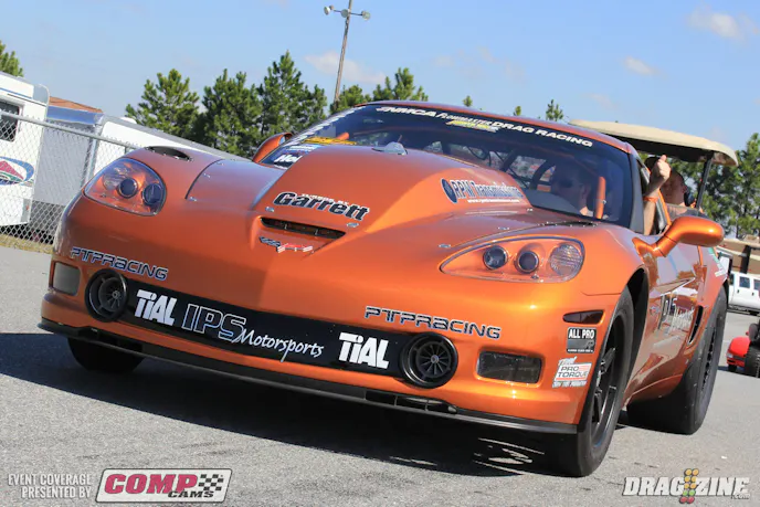 Mark Carlyle leads the Outlaw Drag Radial field of twenty one cars with a 4.39 at 174 MPH. The 427 cubic inch LS engine is fed by twin turbos and tuned by Patrick Barnhill.