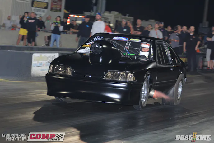 Brian McGhee put his Fulton powered 85 Mustang on the Mac Fab Outlaw 275 pole running a 4.38 at 162 MPH with a 1.10 60’. You can see the car was on the power early shooting out those pretty flames.