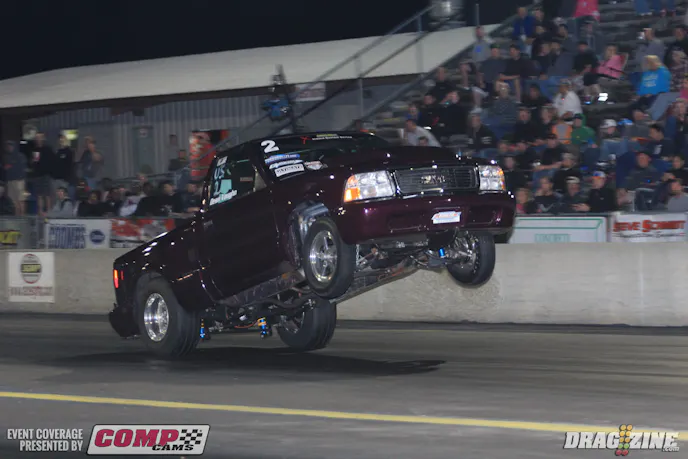 Kelly Willis made the trip from Richardson, Texas to race Induction Solutions Ultimate Street with  his 2003 GMC Sonoma. He had to pedal after this long wheelstand and will stay eleventh on his previous 5.25.