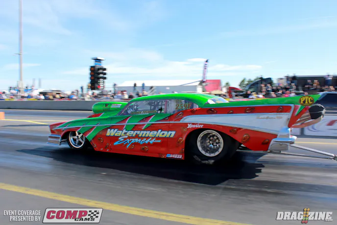 The Watermelon Express is driven by Hunter Youmann in 4.70 Index and is normally campaigned in Top Sportsman. Jst a really interesting paint scheme that turns heads everywhere.