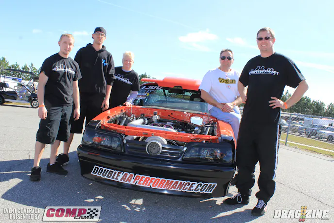 Jesse Abele owns this 1987 Mustang that's powered by a unique engine, a 4G63 Mitsubishi force fed by an 80 millimeter Borg Warner turbo. Abele has experience with the little 122 cubic inch 4 cylinder but had problem keeping a drivetrain in the Eagle Talon so they put it in a Mustang. Sponsors include Weisco, Kigley Racing and AA Performance